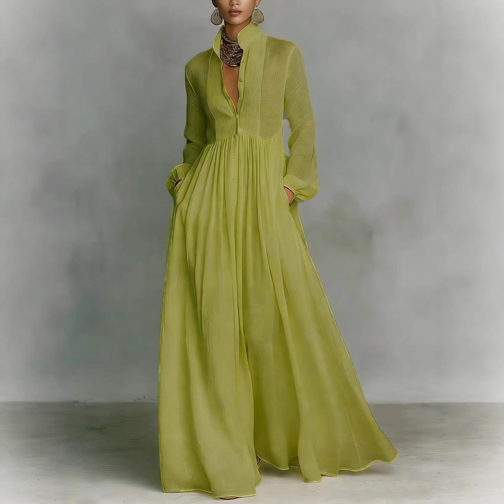 Céline | Long‑Sleeve Pleated Midi Dress